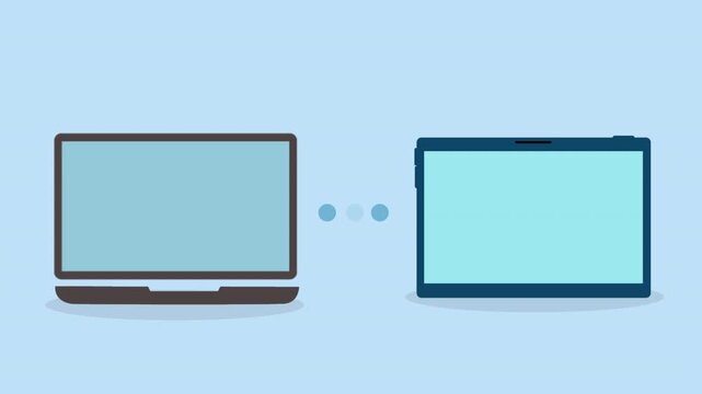Flat minimal illustration of a laptop and desktop computer connected by dotted signals, representing data transfer, device synchronization, and cross-platform communication.
