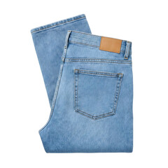 Folded Blue Jeans with Blank Leather Patch isolated on transparent background