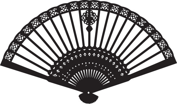 Intricate folding hand fan silhouette, ornate lace pattern decorative vector illustration