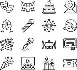 Party and celebration line icons set featuring birthday, music, fireworks, invitations, cake, entertainment, events, and festive decorations for web, app, and UI design