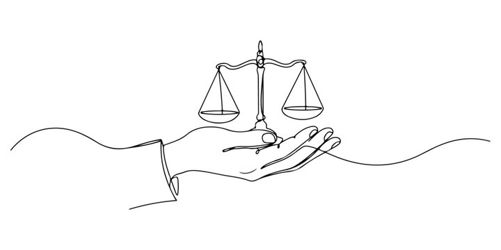 Continuous one line of a balance scale held by a hand, law and justice art, drawn vector illustration.