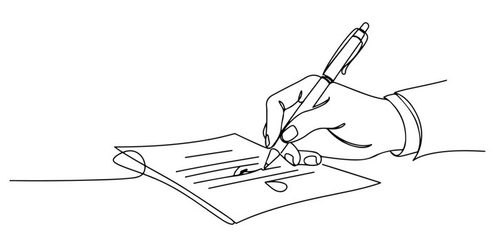 Continuous one line of a contract being signed, law and justice art, drawn vector illustration.