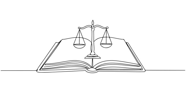 Continuous one line of a book of law with a scale icon, law and justice art, drawn vector illustration.
