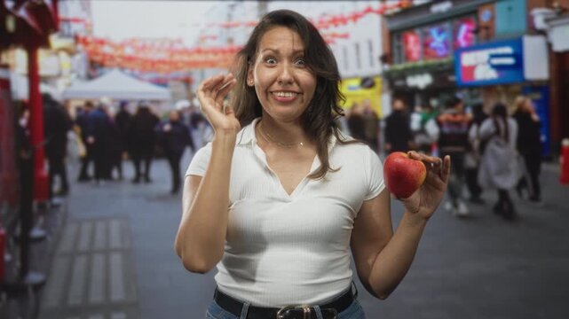 Woman holding red apple with hand to forehead on busy urban street market, white shirt, necklace and jeans visible; playful joy.