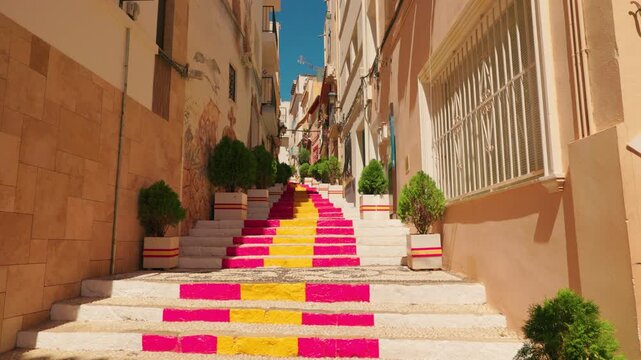 Colorful staircase on narrow Spanish street in Calpe old town