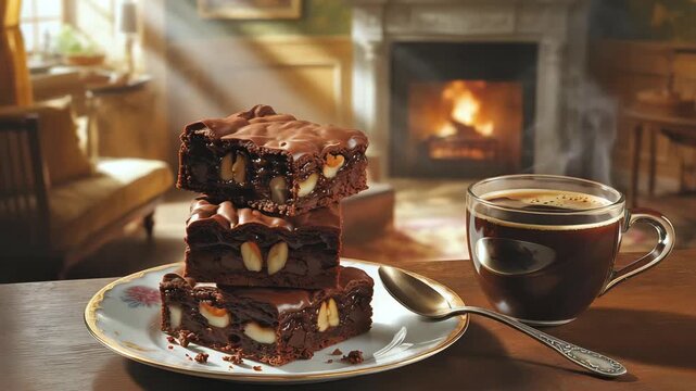 Cinematic Food Video of Chocolate Brownies with Nuts and Steaming Black Coffee