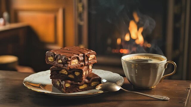 Cinematic Food Video of Chocolate Brownies with Nuts and Steaming Black Coffee