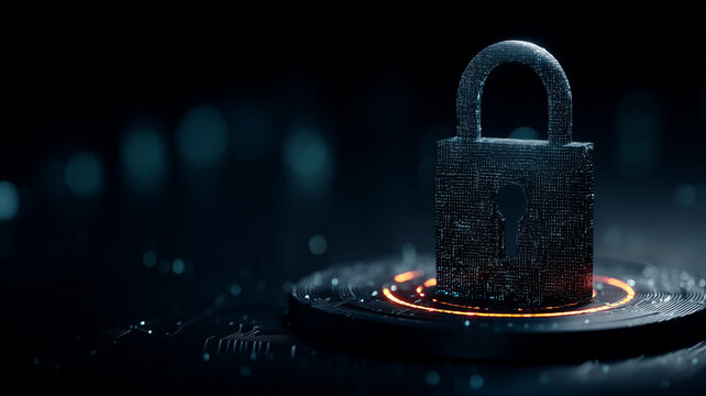 Digital padlock on circuit platform representing cybersecurity encryption and secure data protection for online systems.
