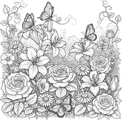 black and white illustration of butterflies and flowers