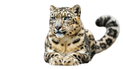 Fototapeta premium Snow leopard rests in a natural position while looking toward the viewer in a bright setting surrounded by white space