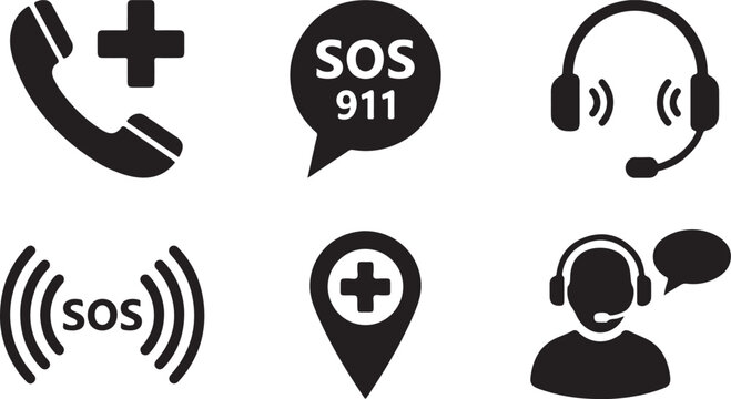 Emergency call, medical service, and dispatcher icons set for help and support applications. Vector