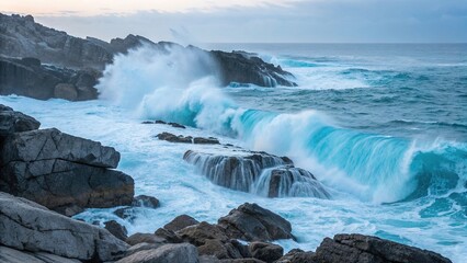 Obraz premium Vivid blue waves crash against rugged rocks at the coastline during a dramatic evening
