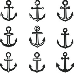 Set of nine different black anchor icons and silhouettes © sefatahmed