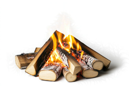 Burning firewood in a campfire setting on a clear, isolated background