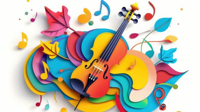 Video A close-up of a violin and musical notes on a colorful background