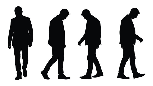 Four silhouetted figures of men walking in varying stages of looking down