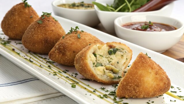 Delicious fried coxinhas filled with chicken and herbs served with dips and garnishes