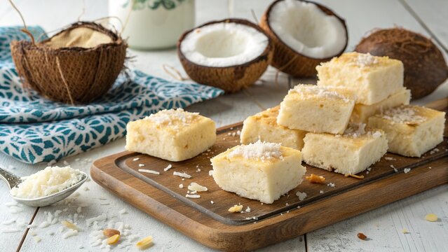Brazilian cocada coconut sweets cut into squares on a wooden board surrounded by fresh coconut halves