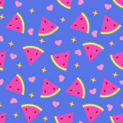 Juicy watermelon slices with hearts and stars on a blue background, a summer seamless pattern. Ornament for fabric, clothing, textiles, surface textures, wrapping paper, and scrapbooking. 