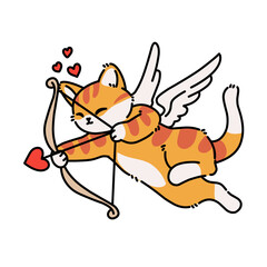 Fototapeta premium Cupid cat in color with wings and hearts, representing romance and love in a playful cartoon illustration style.