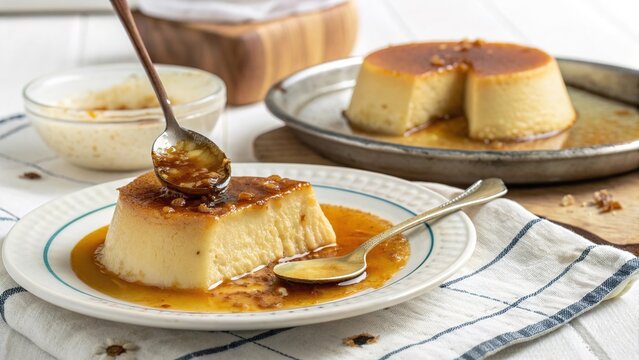 Delicious brazilian pudim flan served on a plate with caramel sauce in a cozy minimalist setting