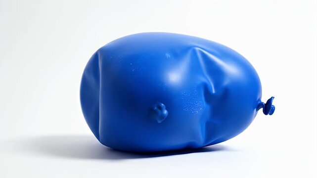 A deflated blue balloon lies on a white background with soft shadows casting subtle outlines