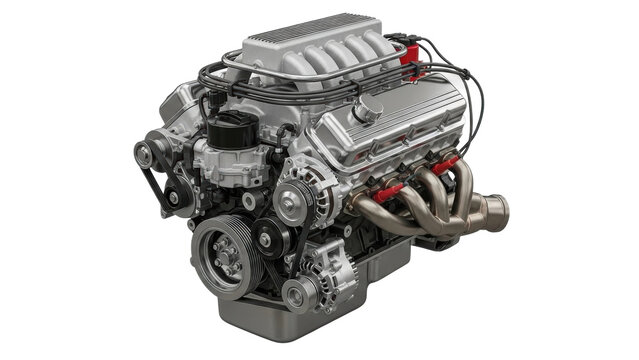 Shiny car engine placed on a stand for display in a workshop during daylight hours
