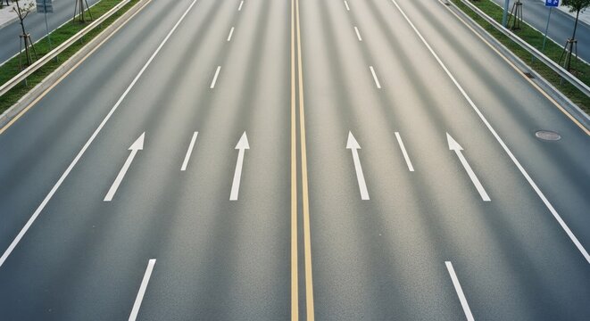 Empty asphalt road with arrows & yellow line dividing lanes, bathed in light