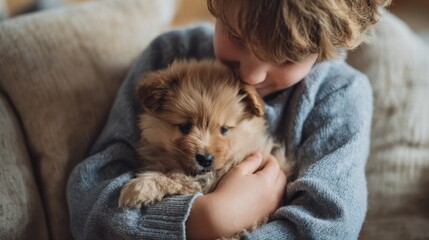 Small child's hands gently hugging a fluffy puppy close to their chest, warm indoor tones, capturing the joy of pet adoption and companionship