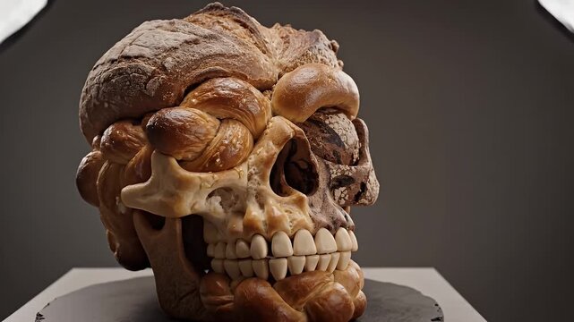 Artistic Skull Sculpture Crafted From Assorted Bread Doughs and Pastries Studio Lighting