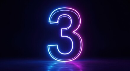 Naklejka premium Glowing neon number 3, outlined in blue and pink, on a dark reflective surface