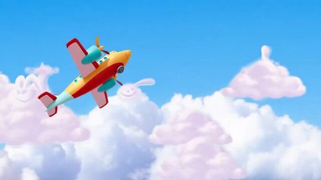 Cartoon airplane flying through the sky animated background loop video footage