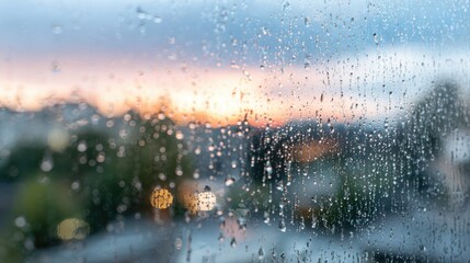 Obraz premium Condensation and rain droplets on window glass at sunset, warm pastel gradient sky with soft focus and blurred city lights in background