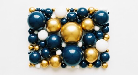 Glossy navy, gold, white spheres arranged on a white surface, top-down view