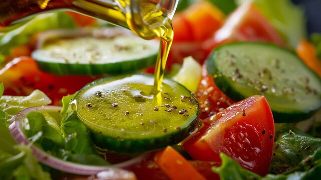 Olive oil being poured over fresh vegetable salad with cucumber and tomato in close up