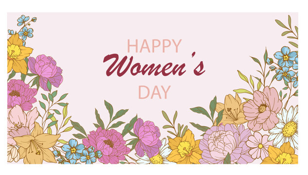 Women&rsquo;s Day Poster. Set of Floral Posters for 8 March. Flower design Women&rsquo;s Day Greeting Cards. Women Day background Templates with Floral Line Art.