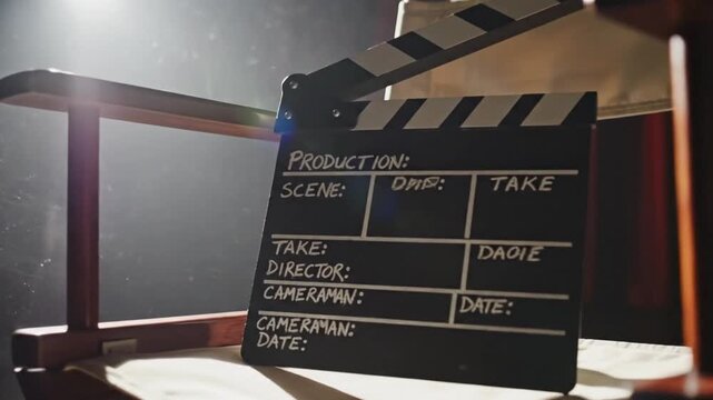 Empty director chair and clapperboard on stage with spotlight in theater during evening show