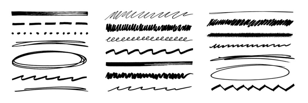 Hand Drawn Highlighters, Brush Strokes and Underline Mark Set. Black hand-drawn marker and highlighter lines set: underlines, circles, zigzags, dots, and brush strokes. Vector set 