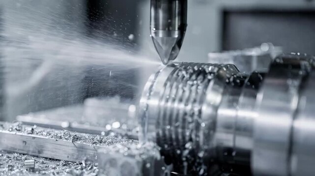 Medium shot focused on mist coolant thread milling capturing fine coolant spray enveloping the tool tip to minimize friction and improve surface finish.