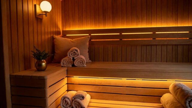 Sauna and ice bath cold plunge. Hot and cold alternating therapy. Wooden sauna interior overlooking an outdoor ice bath through a steamed window. Towels are arranged. Video made using Generative AI.