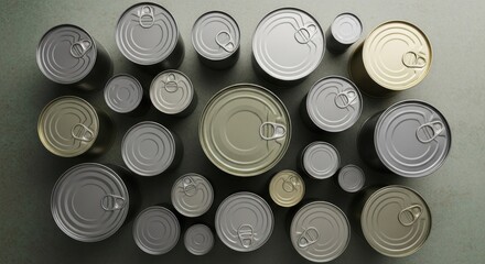 Overhead view of tin cans in varying sizes, arranged on a mottled surface
