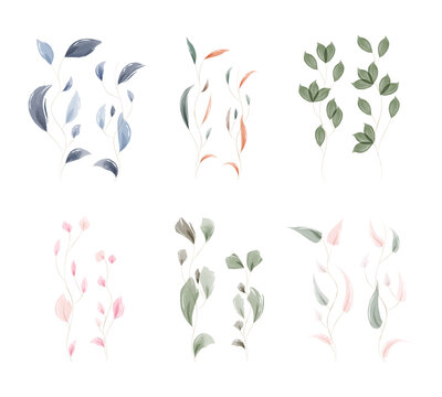 Six unique watercolor leaf arrangements display a variety of botanical elements. Delicate stems and soft color palettes including blue, green, pink, and brown create a natural decorative set.
