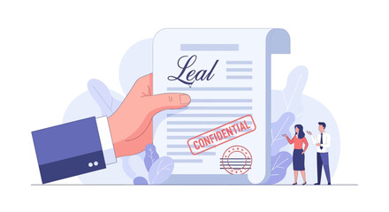 Hand holding a confidential document with two people discussing in the background, illustrating a business agreement or contract signing