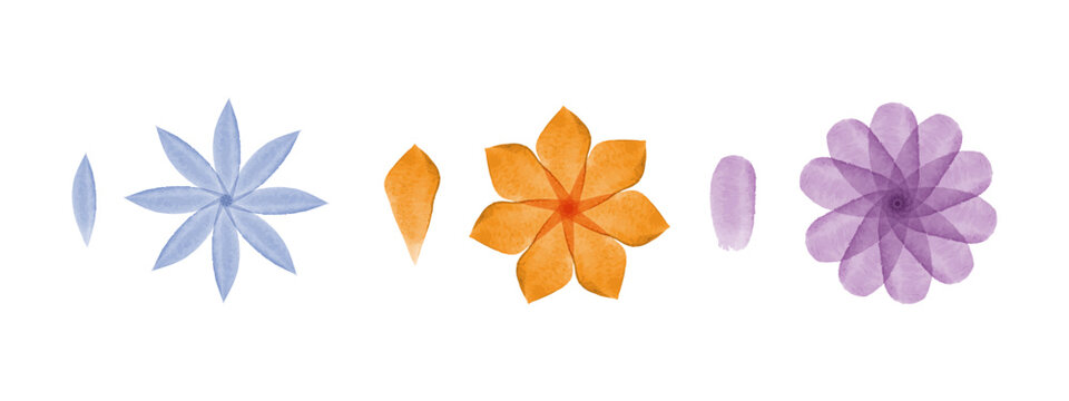 Three sets of watercolor flowers and individual petals are arranged on a clean white background. Each set features a distinct flower design in blue, orange, or purple hues.