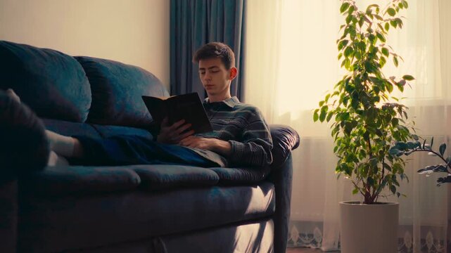 Man reading book on sofa by window calm lifestyle scene