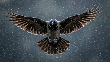 Fototapeta premium Crow Mid-Air with Raindrops