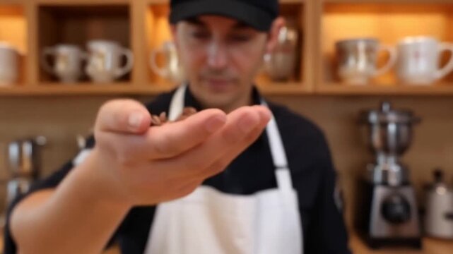 Close-up of barista holding and presenting fresh roasted aromatic coffee beans
