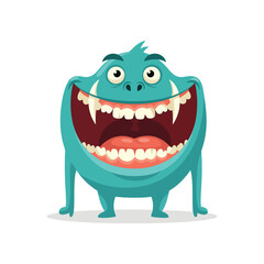 Fototapeta premium Cheerful cartoon monster with a wide, happy grin and sharp fangs, isolated vector illustration on white background