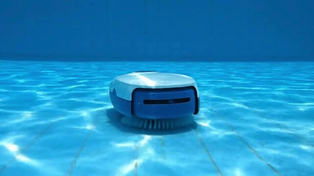 A robotic pool cleaner glides effortlessly beneath the crystal-clear surface, promising pristine cleanliness and a sparkling oasis.