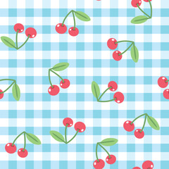 Blue checkered background with cherries